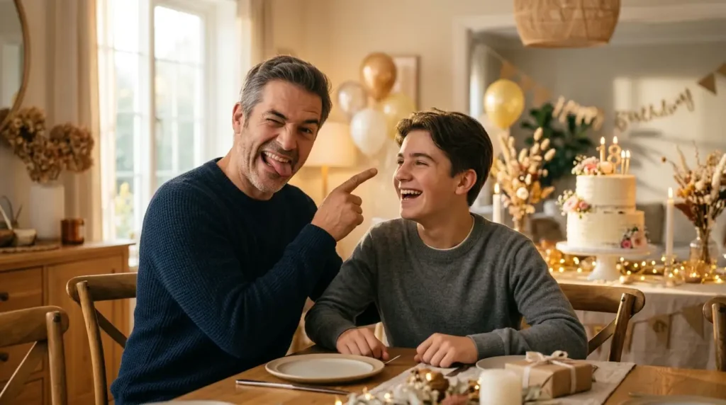 Funny Birthday Wishes for Son From Dad

Prompt:

A fun realistic birthday scene showing a playful father teasing his laughing son beside a birthday cake, colorful balloons, presents and festive decorations, father making a humorous expression while son laughs, joyful family energy, lighthearted father-son relationship, bright warm lighting, candid lifestyle photography, natural expressions, modern cheerful composition, space for funny text, no text, no watermark, 16:9 landscape.