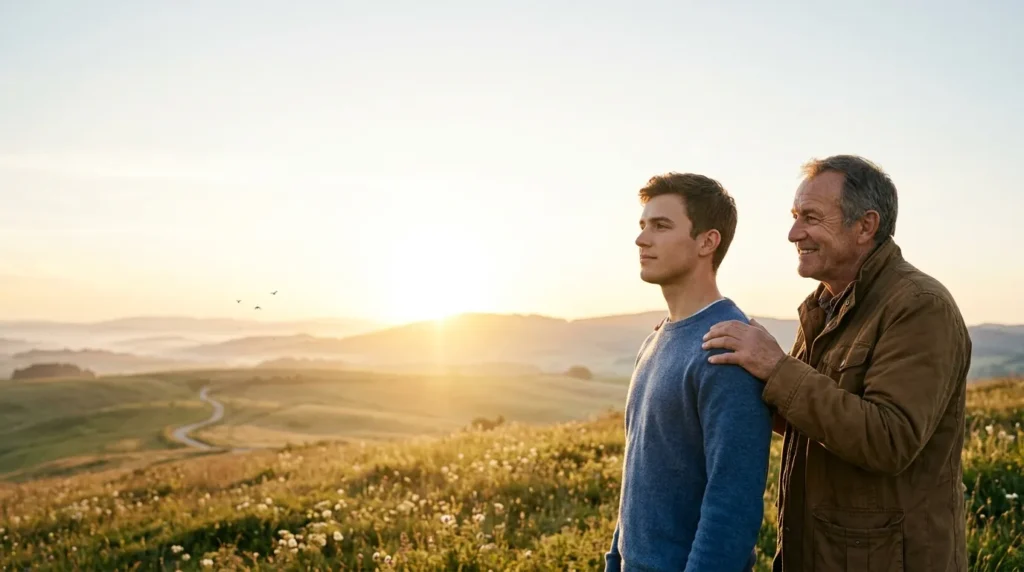 Inspirational Birthday Wishes for Son

Prompt:

An inspiring realistic scene of a proud father standing beside his grown son outdoors at sunrise, father looking proudly at his son while the son looks toward a bright horizon, symbolic feeling of dreams, success and future possibilities, warm golden sunlight, peaceful landscape, emotional father-son relationship, cinematic photography, powerful inspirational atmosphere, realistic natural colors, space for inspirational text, no text, no watermark, 16:9 landscape.