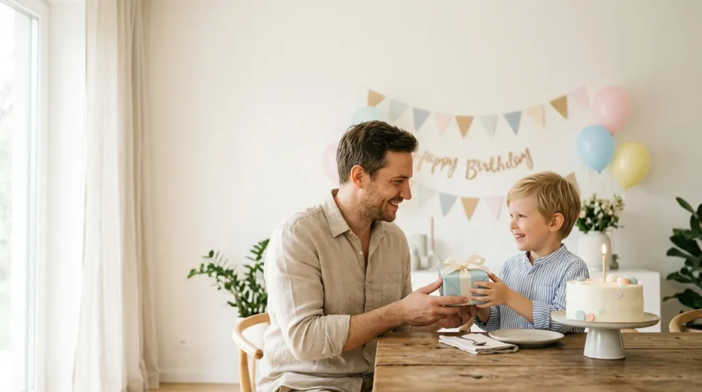 Short and Sweet Birthday Wishes for Son

Prompt:

A beautiful minimalist birthday scene with a father giving his son a small elegant birthday gift, simple birthday cake with candles, soft pastel decorations, warm natural window light, affectionate smiles, peaceful family atmosphere, clean modern background, realistic lifestyle photography, elegant minimal composition, soft shadows, plenty of negative space for a short quote, no text, no watermark, 16:9 landscape.